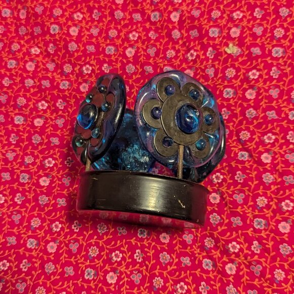 MCM Votive Candle Glass Metal Vintage Floral Holder Hippie Groovy Boho Blue - Picture 7 of 8